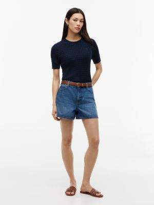 High-Rise Denim Flare Short, Dark Wash Denim