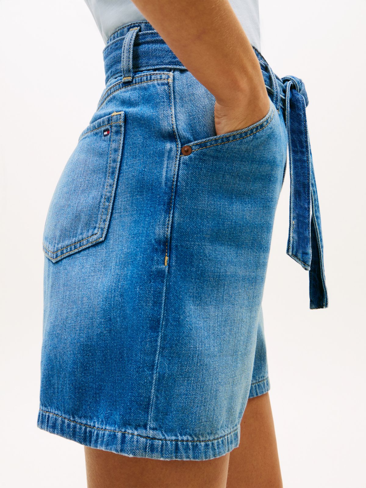 Belted High-Rise Denim Short — Medium Wash
