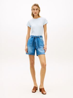 Belted High-Rise Denim Short, Medium Wash