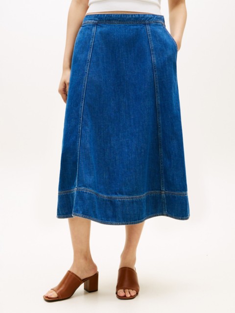 Tommy Hilfiger High-Rise Flared Denim Midi Skirt