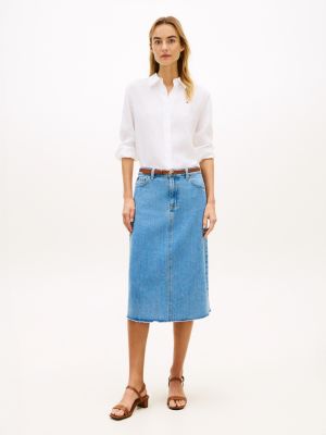 Raw Hem Denim Midi Skirt