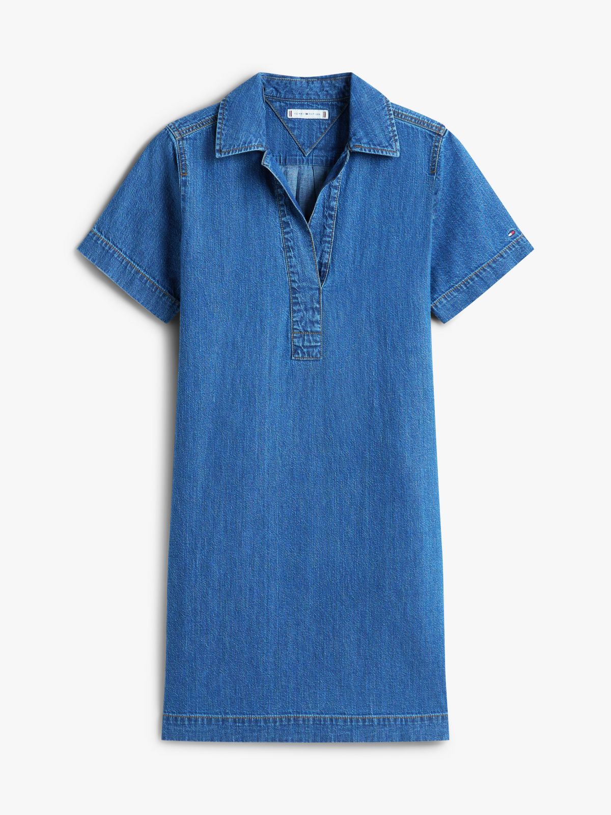 Open Placket Denim Mini Dress — Medium Wash