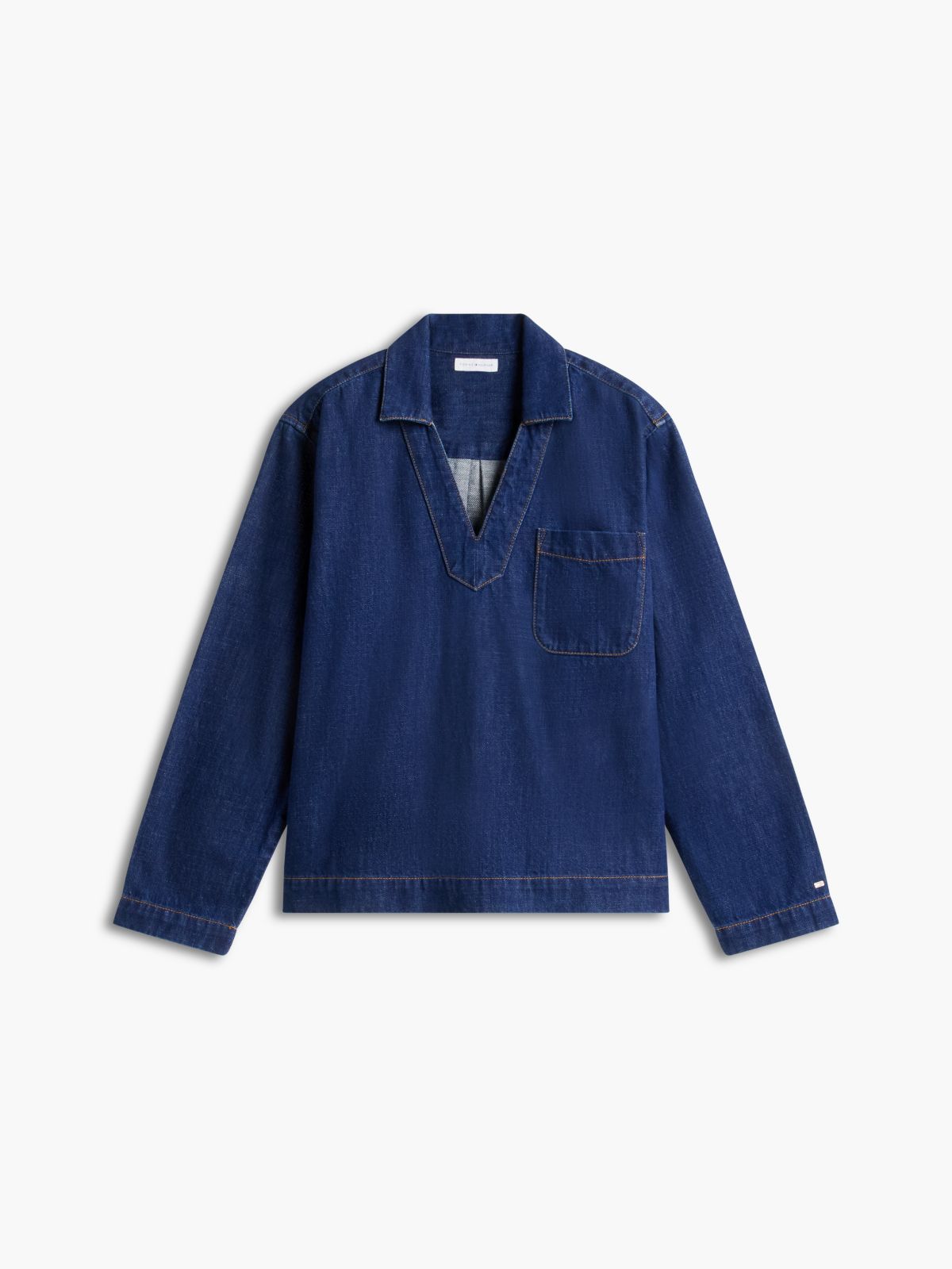 Denim V-Neck Pullover Shirt — Dark Wash