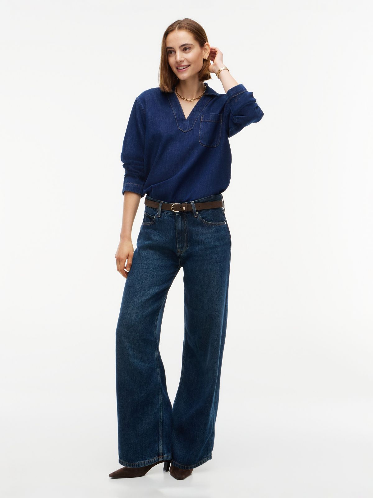 Denim V-Neck Pullover Shirt — Dark Wash