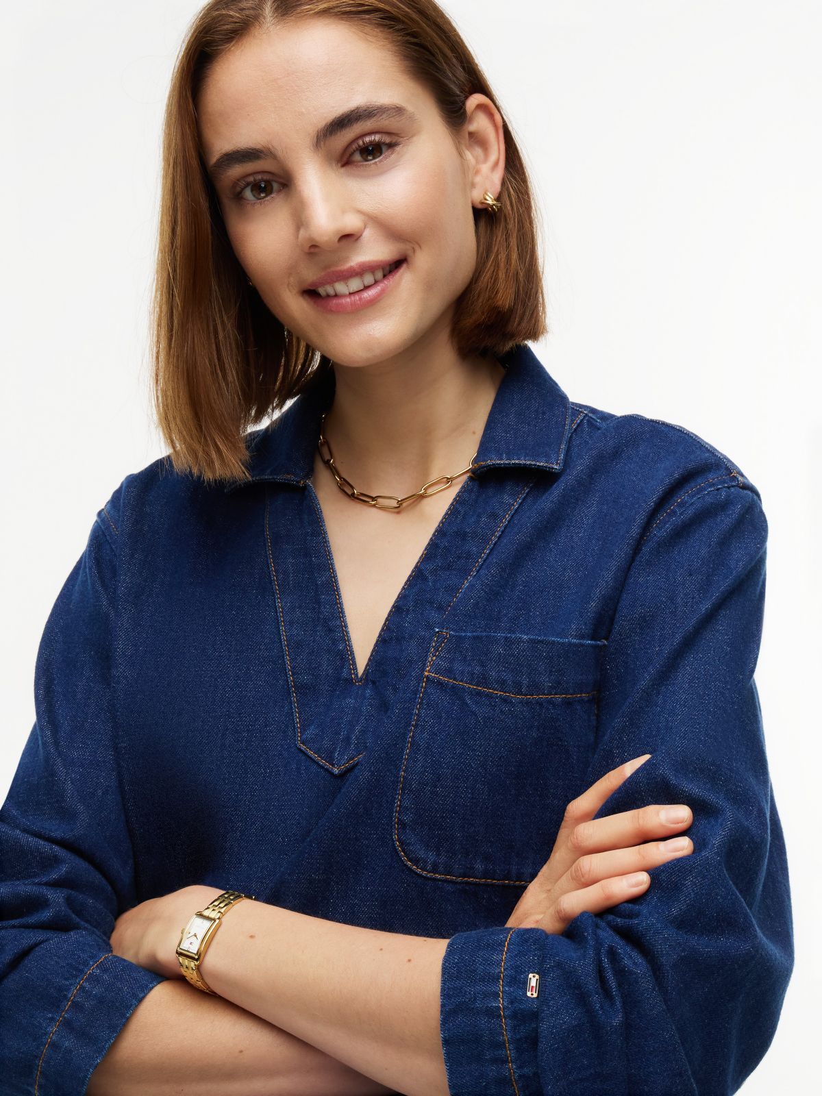 Denim V-Neck Pullover Shirt — Dark Wash
