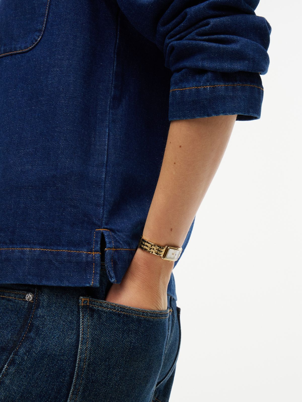 Denim V-Neck Pullover Shirt — Dark Wash