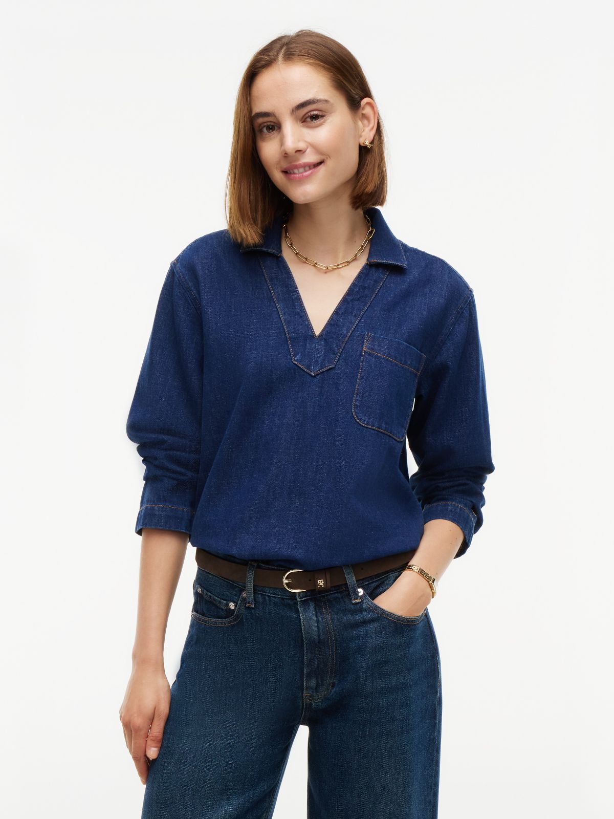 Denim V-Neck Pullover Shirt — Dark Wash
