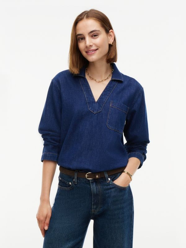 Denim V-Neck Pullover Shirt — Dark Wash