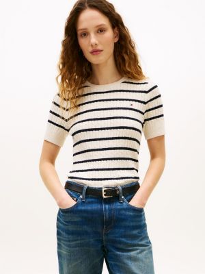 Short-Sleeve Cable Knit Sweater, Sugarcane