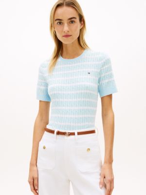 Short-Sleeve Cable Knit Sweater, Rain Dance