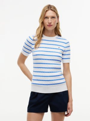 Short-Sleeve Cable Knit Sweater, Optic White
