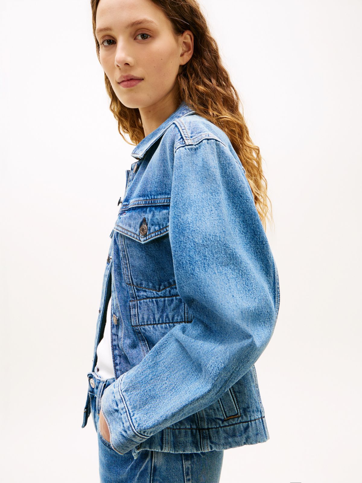 Cinched Faded Denim Jacket — Medium Wash