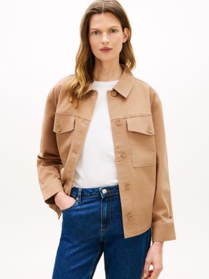 Oversized Twill Utility Shirt Jacket, Iconic Camel