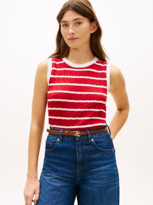 Stripe Cable Knit Sweater Vest, Red / Ecru Stripe