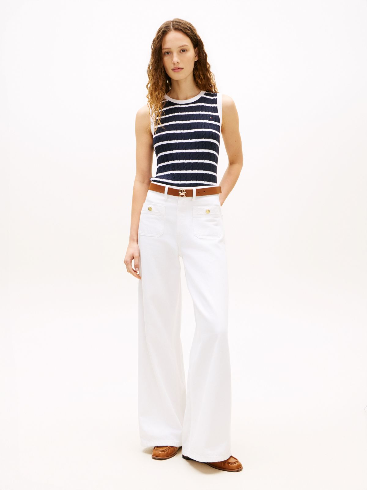 Stripe Cable Knit Sweater Vest — Optic White