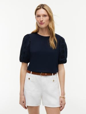 Embroidered Eyelet Mixed-Media Top, Navy