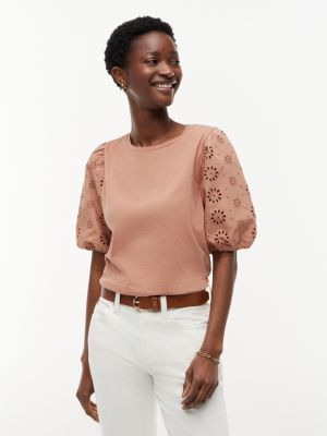 Embroidered Eyelet Mixed-Media Top, Tawny Rose