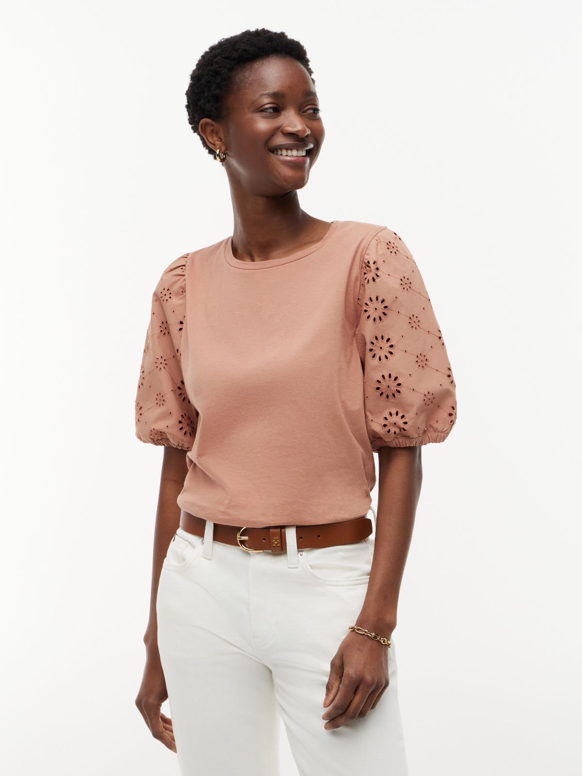 Embroidered Eyelet Mixed-Media Top — Tawny Rose