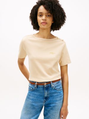 Gold-Button Cotton Interlock T-Shirt, Clayed Pebble