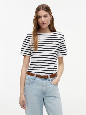 Gold-Button Cotton Interlock T-Shirt, Ecru / Navy Combo