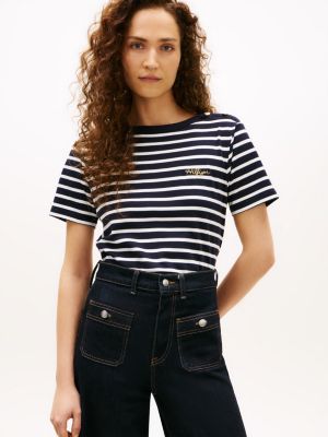 Gold-Button Cotton Interlock T-Shirt, Navy / Ecru Stripe
