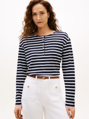 Relaxed Fit Cotton Interlock Henley, Navy / Optic White Stripe