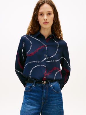Relaxed Fit Chain Print Crepe Shirt, Navy