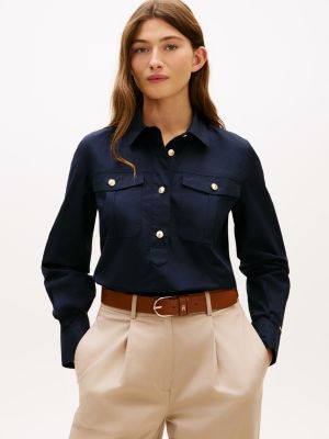 Relaxed Fit Gold-Button Poplin Shirt, Navy