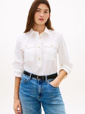 Relaxed Fit Gold-Button Poplin Shirt, Optic White