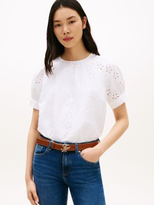 Puff-Sleeve Embroidered Eyelet Top, Optic White