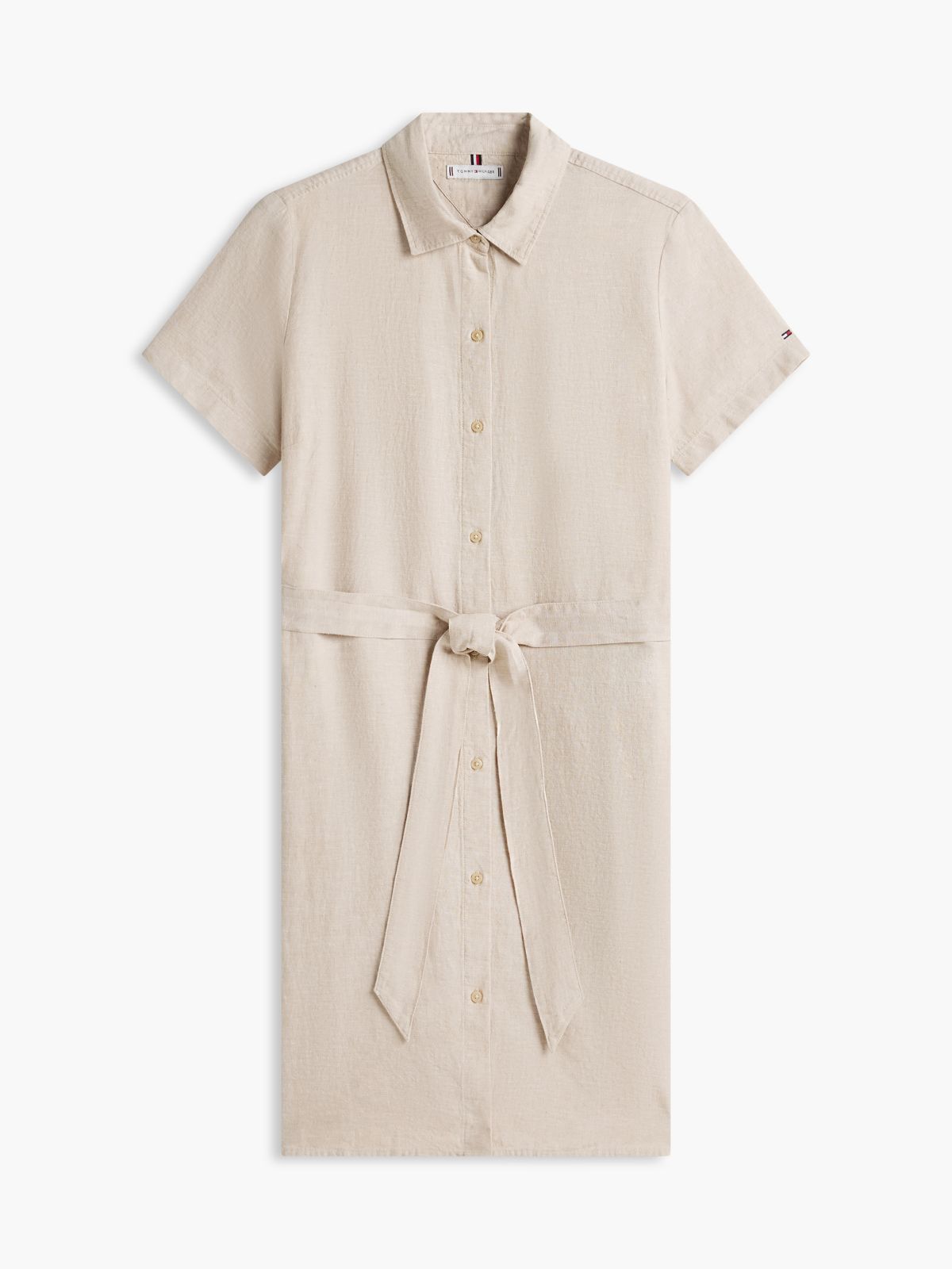 Belted Linen-Cotton Blend Shirtdress — Clayed Pebble