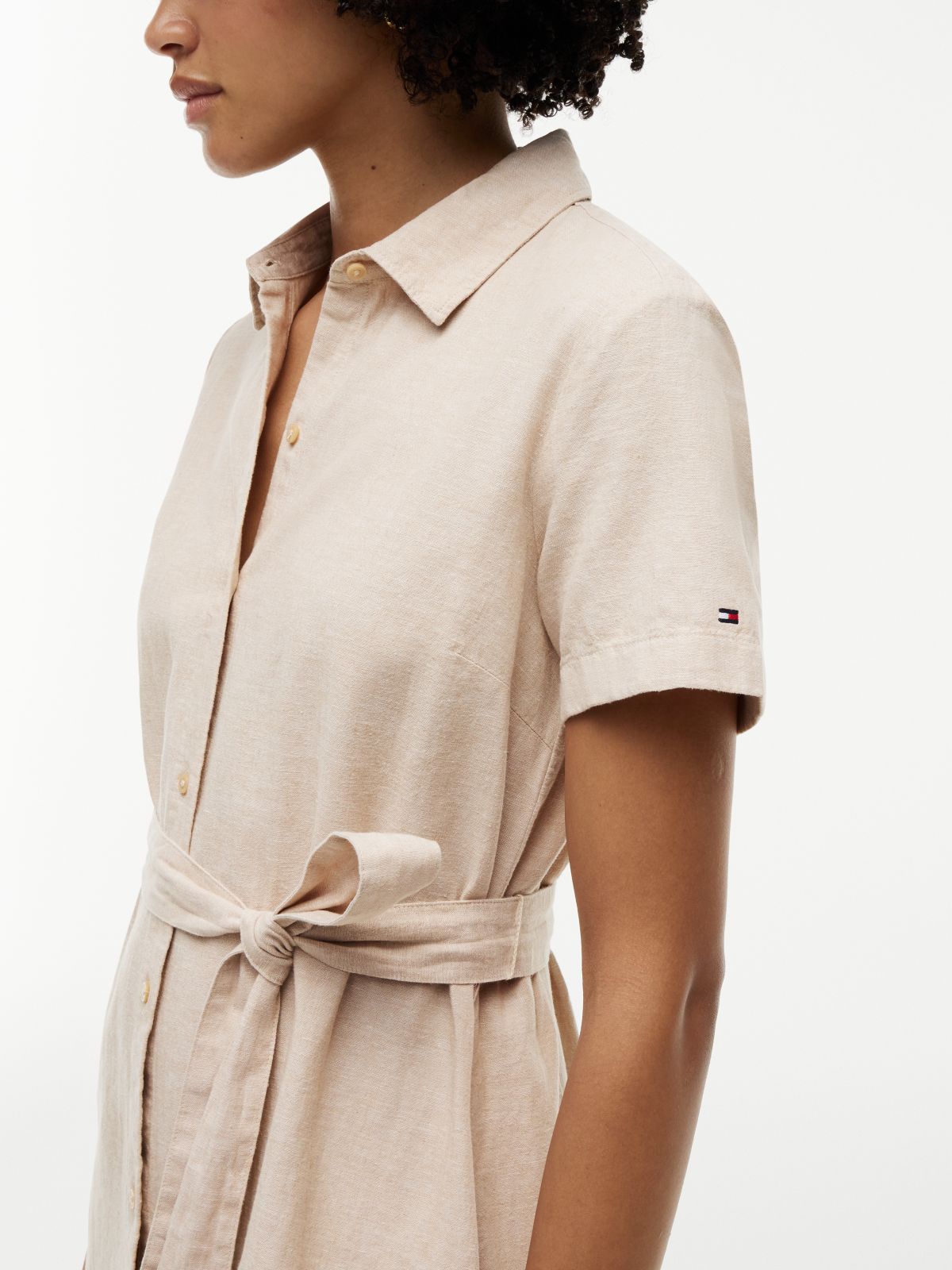 Belted Linen-Cotton Blend Shirtdress — Clayed Pebble