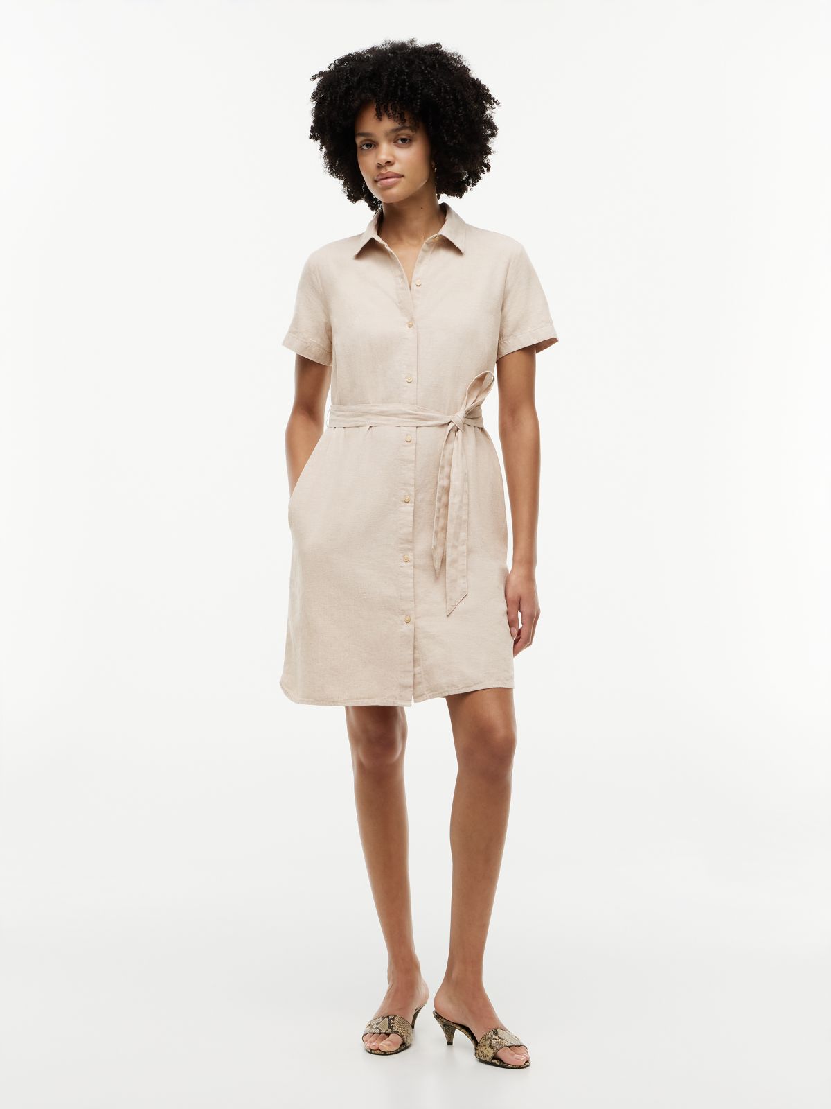 Belted Linen-Cotton Blend Shirtdress — Clayed Pebble
