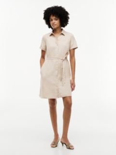 Belted Linen-Cotton Blend Shirtdress — Clayed Pebble 1