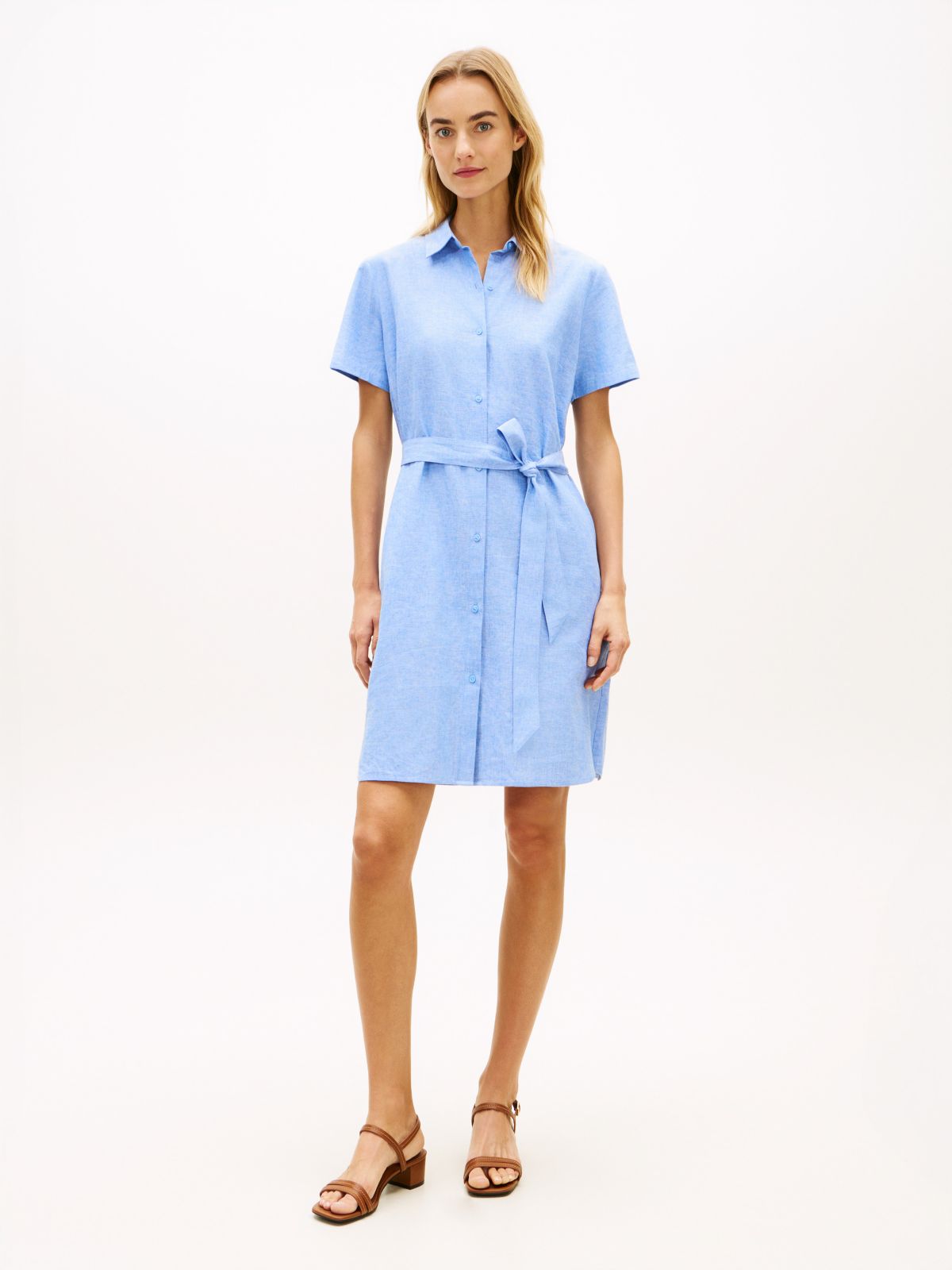 Belted Linen-Cotton Blend Shirtdress — Blue Spell