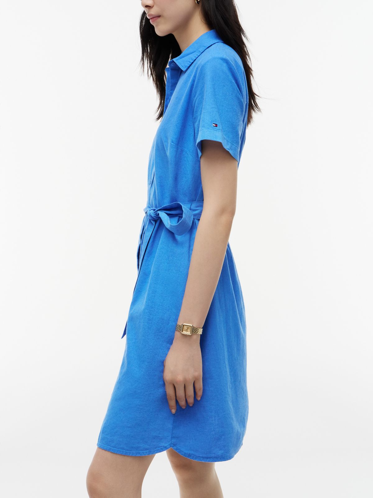 Belted Linen-Cotton Blend Shirtdress — Siren Blue