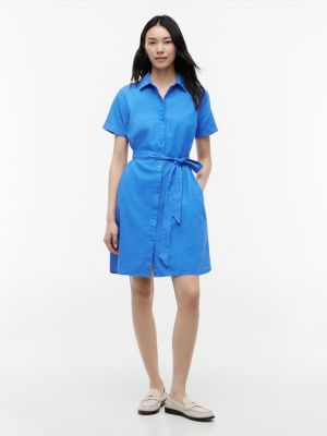 Belted Linen-Cotton Blend Shirtdress, Siren Blue
