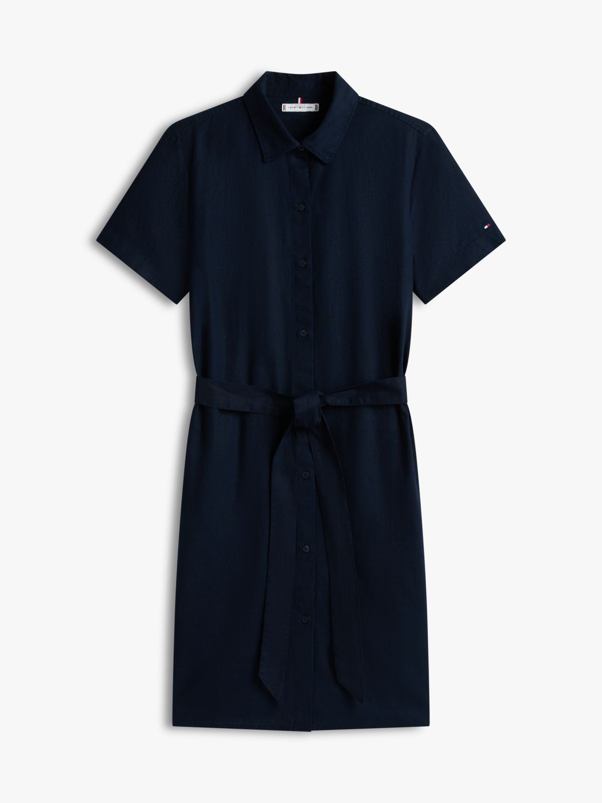 Belted Linen-Cotton Blend Shirtdress — Navy