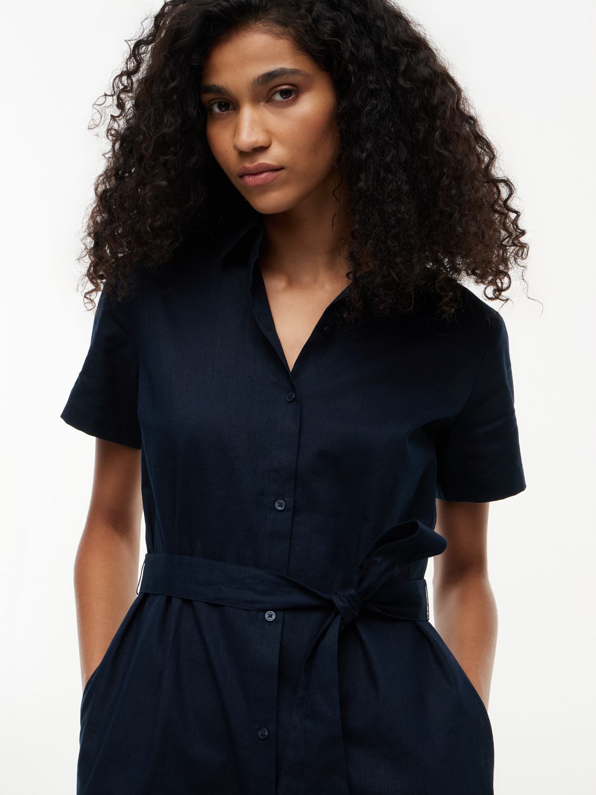 Belted Linen-Cotton Blend Shirtdress — Navy