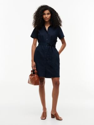 Belted Linen-Cotton Blend Shirtdress, Navy