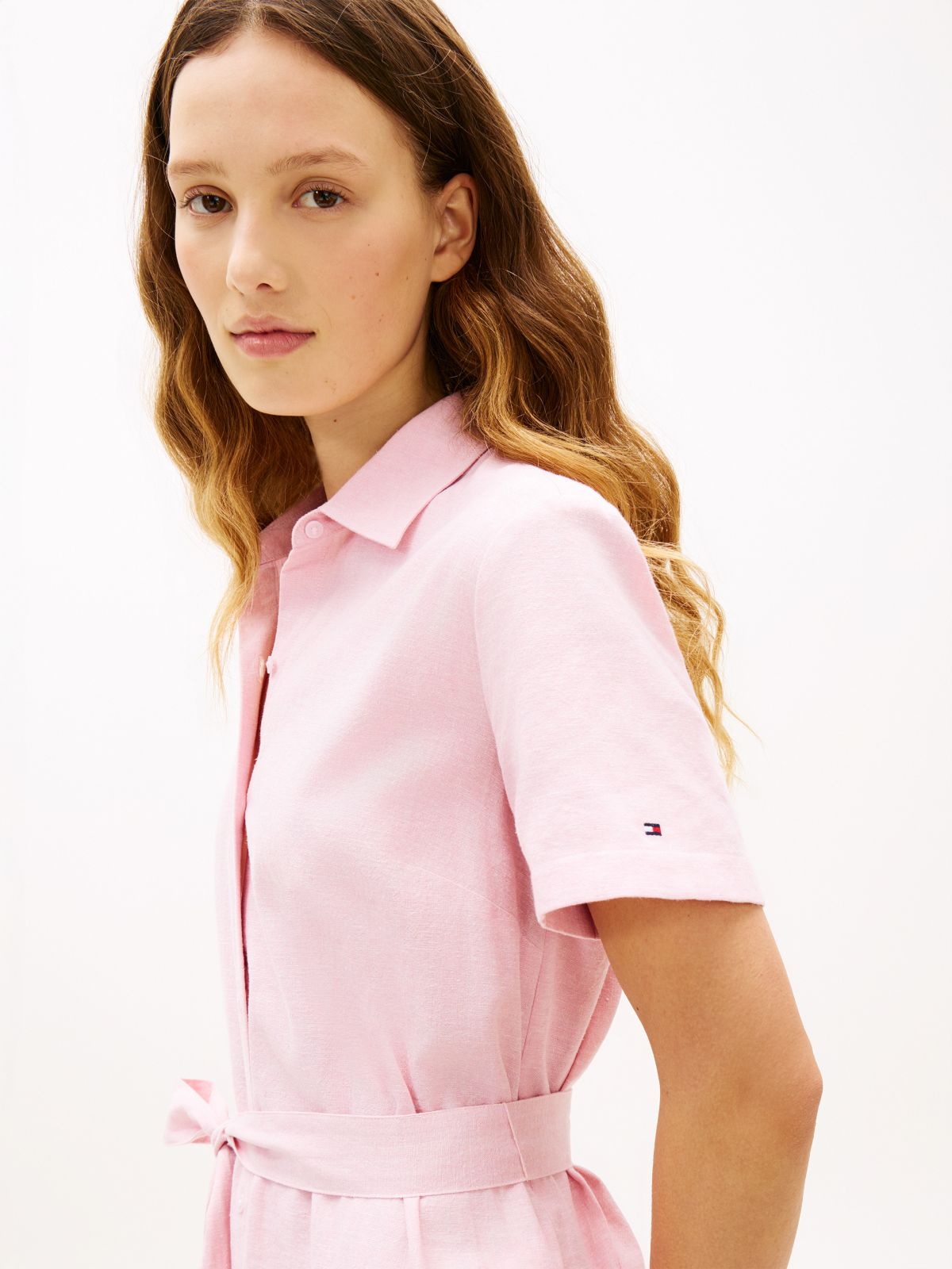 Belted Linen-Cotton Blend Shirtdress — Pink Shade