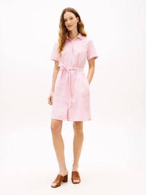 Belted Linen-Cotton Blend Shirtdress, Pink Shade