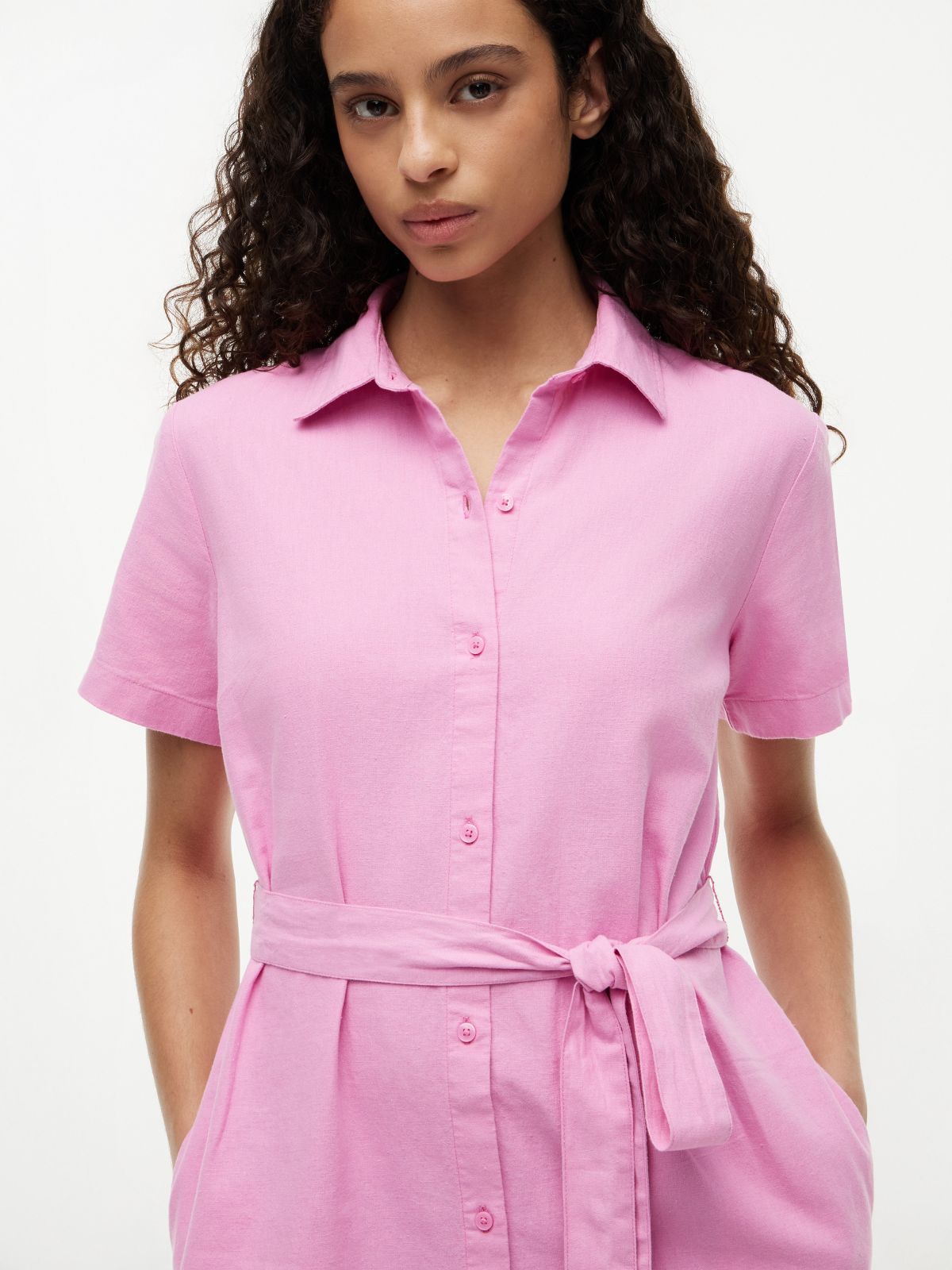 Belted Linen-Cotton Blend Shirtdress — Rose Petal