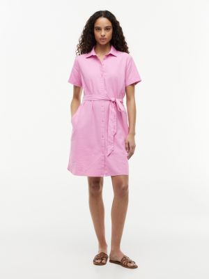 Belted Linen-Cotton Blend Shirtdress, Rose Petal
