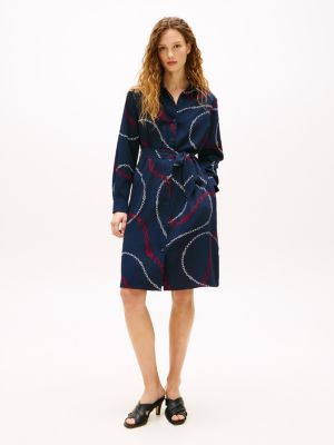 Chain Print Crepe Belted Shirtdress