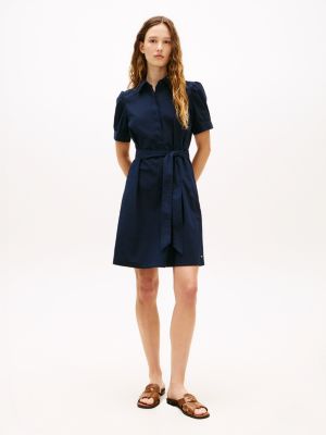 Puff-Sleeve Belted Shirtdress, Navy