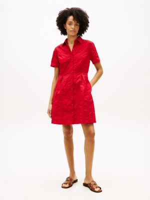 Embroidered Eyelet Poplin Shirtdress, Primary Red