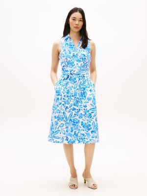 Sleeveless Belted Linen-Blend Shirtdress, Blue Spell
