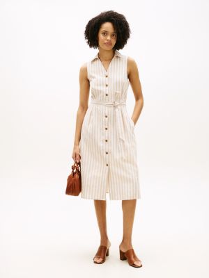 Stripe Linen-Cotton Blend Shirtdress, Clayed Pebble