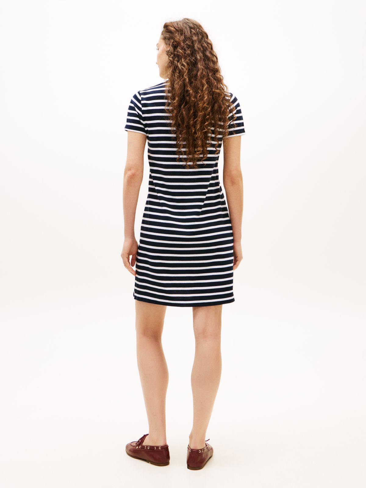 Striped Stretch Pique Polo Dress — Navy Blue